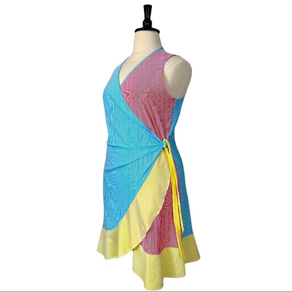 Lands’ End New. Women's Dress Blue Red Yellow Stripe Seersucker Wrap Size XL - Picture 4 of 12